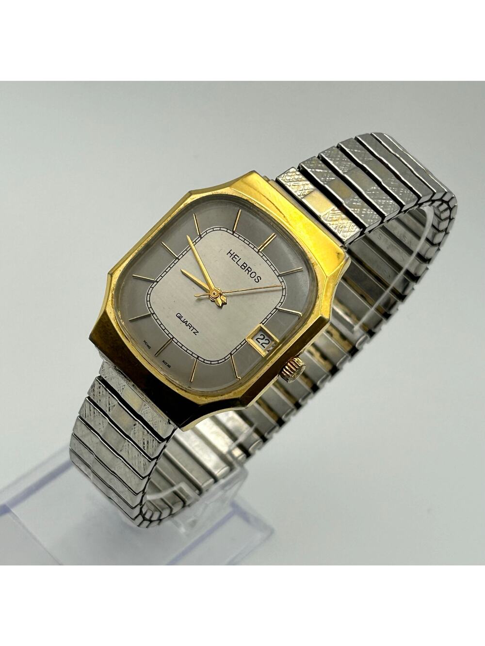 Vintage Helbros Gold-tone Plated Case Silver Stretch Band Quartz Watch
